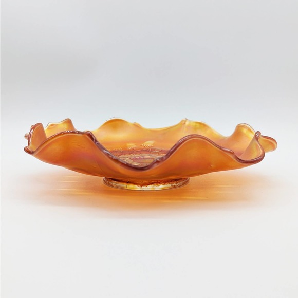 1920s Fenton Acorn Marigold Carnival Glass Footed Bowl w Crimped Rim Pattern 834 - Picture 11 of 12